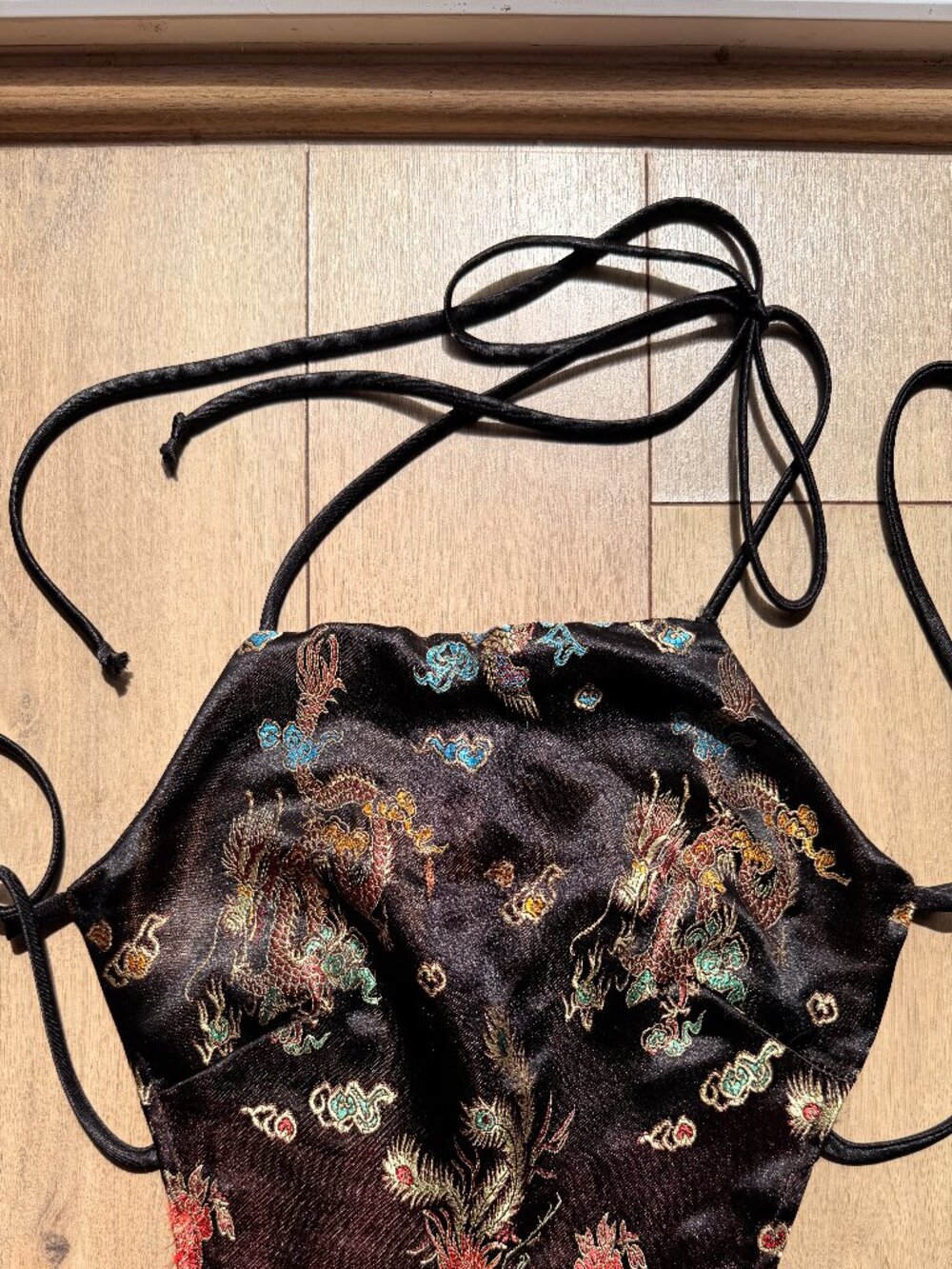 Vintage Black/Iridescent-y Fabric with Dragon Embroidery Lace-Up Halter Top